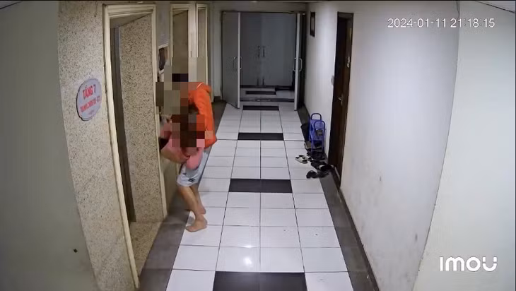 Ảnh cắt từ clip do camera an ninh chung cư Lạc Hồng Phúc ghi lại cảnh Sơn đưa chị M. đi cấp cứu