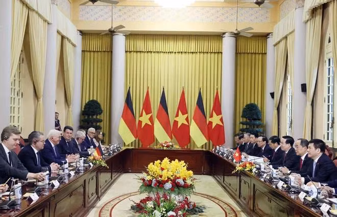 Chủ tịch nước Võ Văn Thưởng và Tổng thống CHLB Đức Frank-Walter Steinmeier hội đàm. (Ảnh: Thống Nhất/TTXVN)