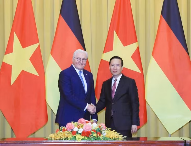 Chủ tịch nước Võ Văn Thưởng và Tổng thống Đức Frank-Walter Steinmeier tại buổi hội đàm. (Ảnh: Thống Nhất/TTXVN)