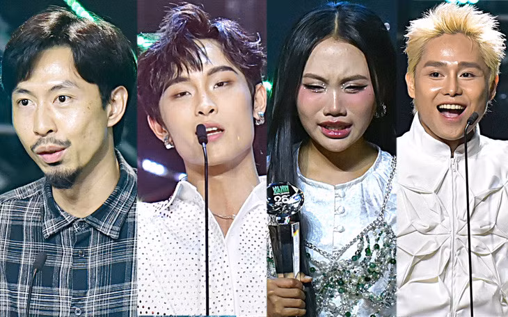 Từ trái qua: Đen Vâu, Wren Evans, Phương Mỹ Chi, Tăng Duy Tân phát biểu lúc nhận giải - Ảnh: T.T.D.