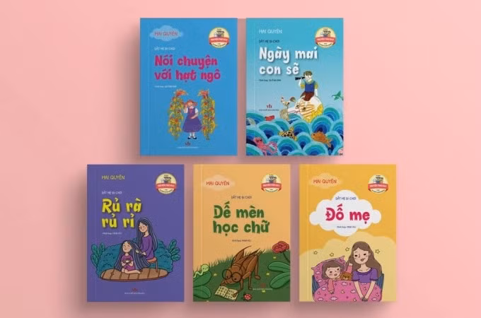 Bộ sách thơ Dắt mẹ đi chơi của tác giả Mai Quyên, gồm hai cuốn Đố mẹ, Dế mèn học chữ được trao giải nhì. Đố mẹ là những bài thơ được Mai Quyên viết khi con trai gần ba tuổi, là các cuộc trò chuyện giữa hai mẹ con, khám phá bất ngờ của cậu bé trước mọi sự việc của cuộc sống. Sang Dế mèn học chữ, tác giả sáng tác vào thời điểm con lên năm, sáu tuổi, ghi lại cảm xúc đầu đời của con khi đi học, bắt đầu làm quen con chữ. Ảnh: Nhà xuất bản Văn học.