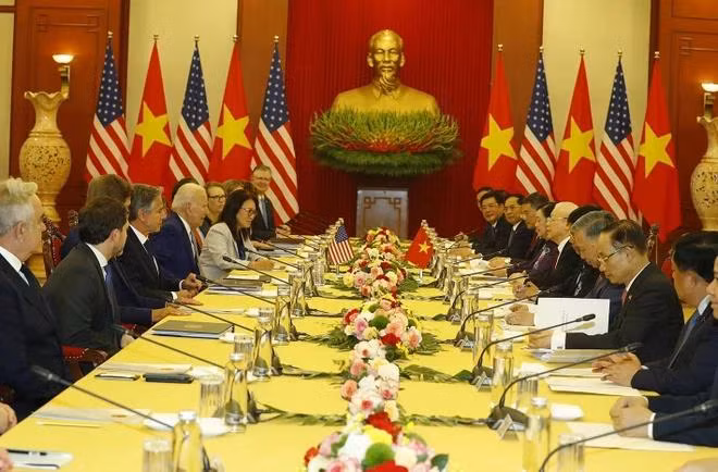Tổng Bí thư Nguyễn Phú Trọng hội đàm với Tổng thống Hoa Kỳ Joe Biden. (Ảnh: Trí Dũng/TTXVN)