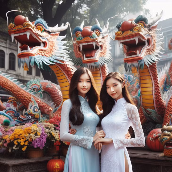 AI vẽ những cô gái mặc áo dài bên biểu tượng rồng