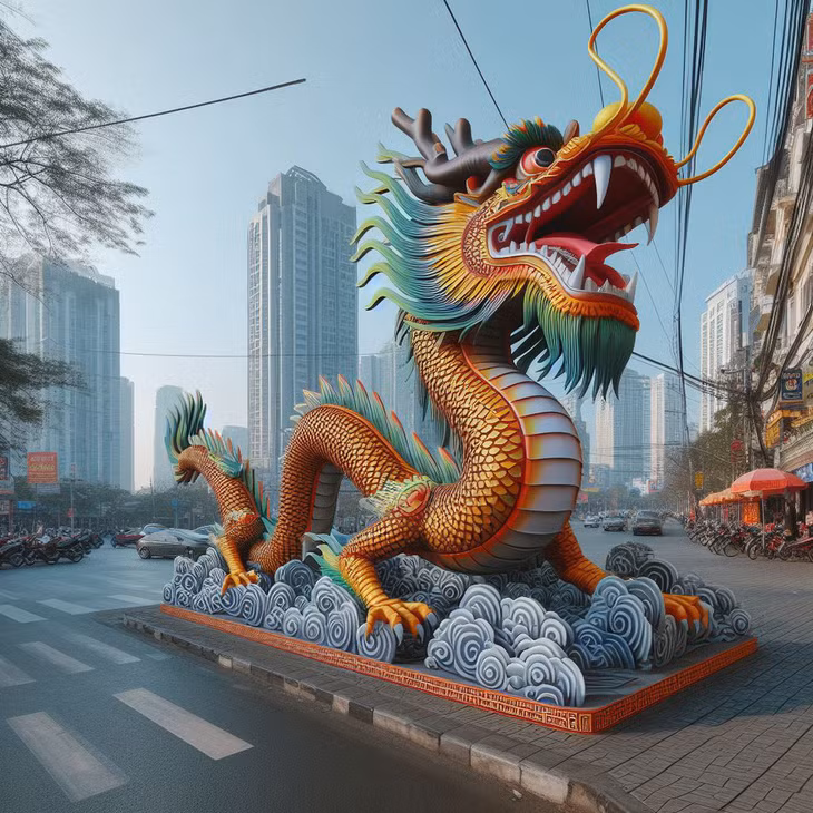Một hình ảnh mô hình con rồng khác được đặt bên góc đường đong đầy cảm xúc mùa xuân