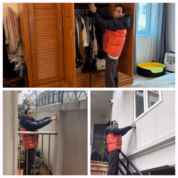Đối tượng Nguyễn Ngọc Vượng thực nghiệm hiện trường vụ đột nhập vào nhà người nước ngoài trộm cắp tài sản.