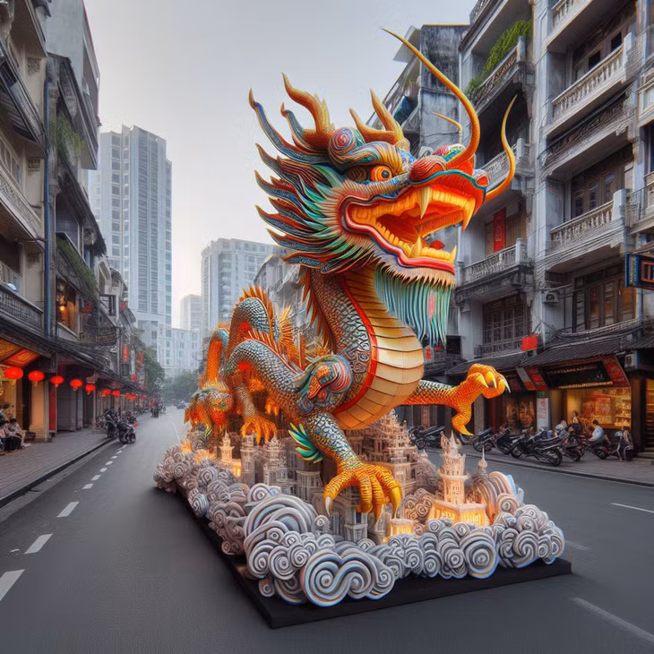 Còn đây là một góc nhìn khác của AI khi vẽ hình rồng với hàm ý biểu trưng cho sự phồn thịnh và phát triển của một thành phố hiện đại