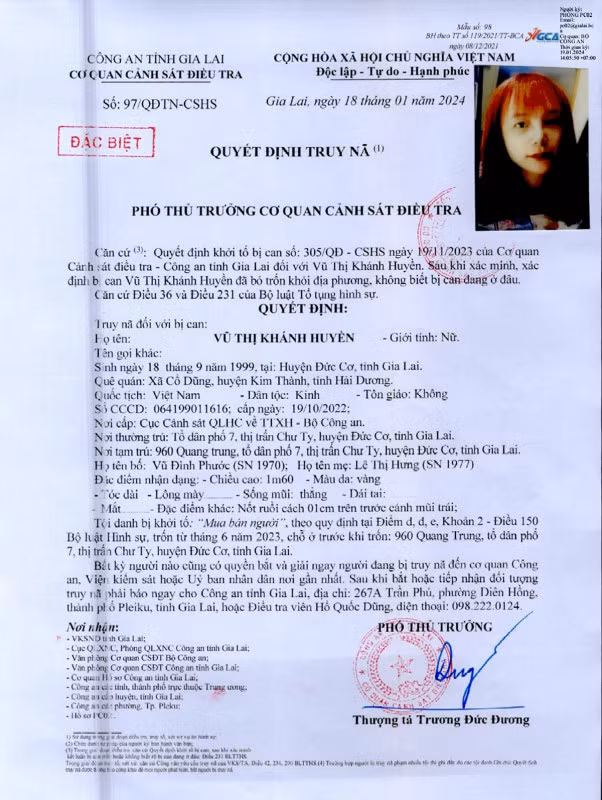 Quyết định truy nã đặc biệt Vũ Thị Khánh Huyền.