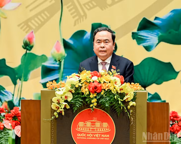 Chủ tịch Quốc hội Trần Thanh Mẫn phát biểu tại lễ kỷ niệm. (Ảnh: DUY LINH)