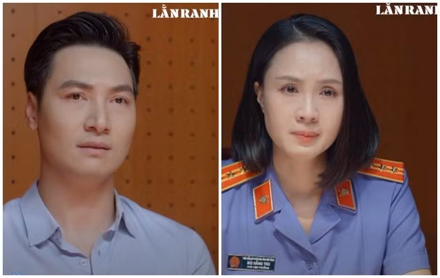 Phân cảnh thẩm vấn căng thẳng giữa hai người bạn thân Thu - Triển do Hồng Diễm và Mạnh Trường đóng trong tập 57 phim "Lằn ranh" gây bão mạng xã hội. Ảnh cắt từ phim