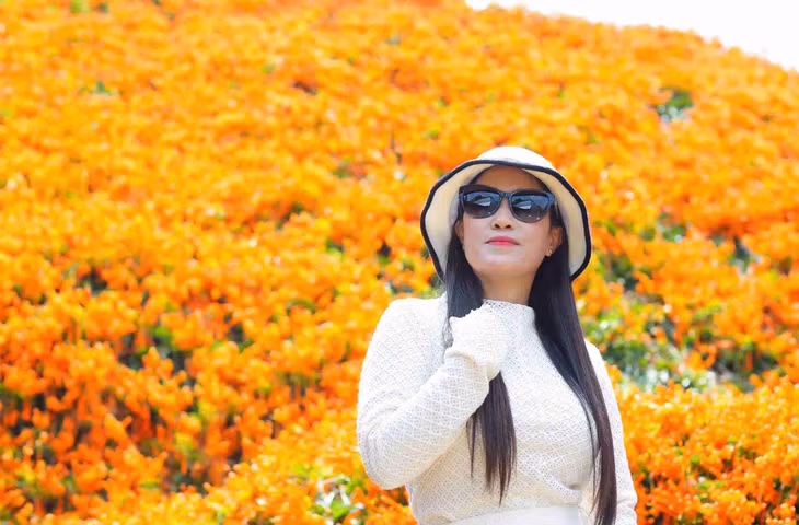 Một nữ du khách đến từ TP Hồ Chí Minh trên đường đi Đà Lạt đã ghé vào thôn B’Đơr để chụp ảnh bên ngôi nhà phủ kín hoa xác pháo. Ảnh: Phúc Khánh