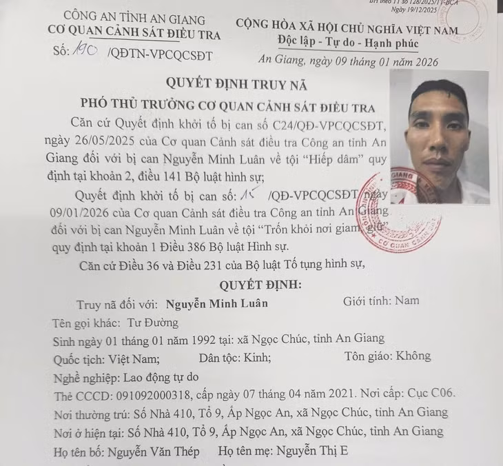 Công an tỉnh An Giang truy nã toàn quốc nghi phạm Nguyễn Minh Luân về tội trốn khỏi nơi giam giữ - Ảnh: MINH PHƯỚC