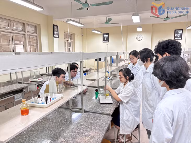 Cô giáo Trần Thanh Hằng, Trường THPT Chuyên Hạ Long hướng dẫn học sinh thực hành thí nghiệm.
