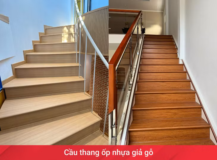 Cầu thang ốp nhựa giả gỗ.