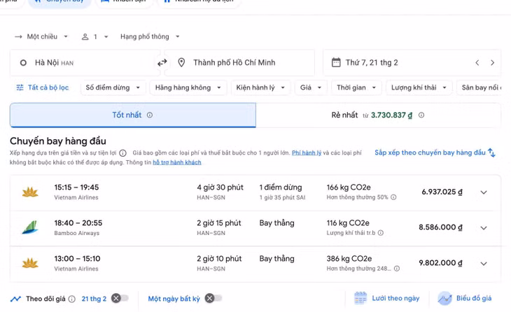 Giá vé máy bay từ Hà Nội - TPHCM ngày 21.2 lên tới gần 10 triệu đồng/chiều. Ảnh: Google Flight
