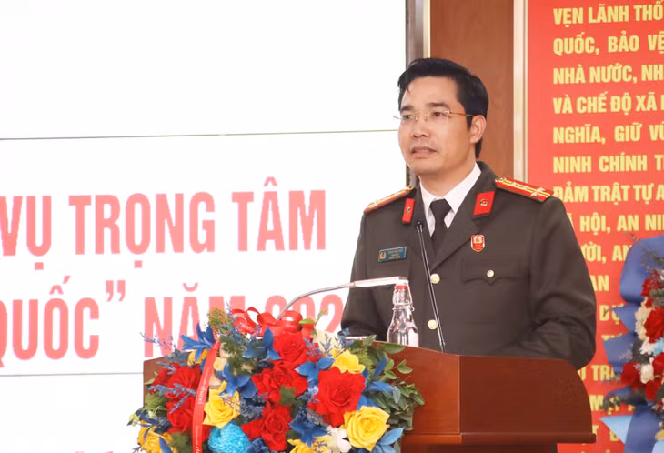 Đại tá Trần Văn Phúc, Bí thư Đảng ủy, Giám đốc Công an tỉnh phát động phong trào thi đua Vì An ninh tổ quốc năm 2025 trong lực lượng Công an toàn tỉnh.