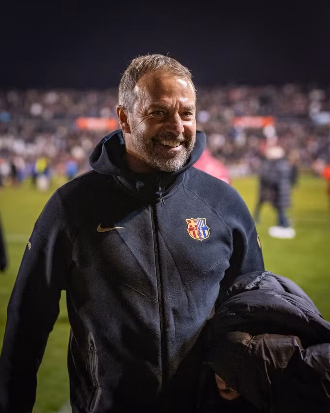 HLV Hansi Flick vui mừng sau trận thắng Barbastro. Ảnh: FC Barcelona