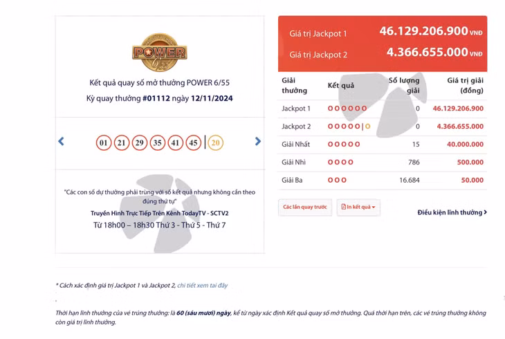 Kết quả quay số mở thưởng POWER 6/55 Kỳ quay thưởng #01112 ngày 12/11/2024 ảnh 1