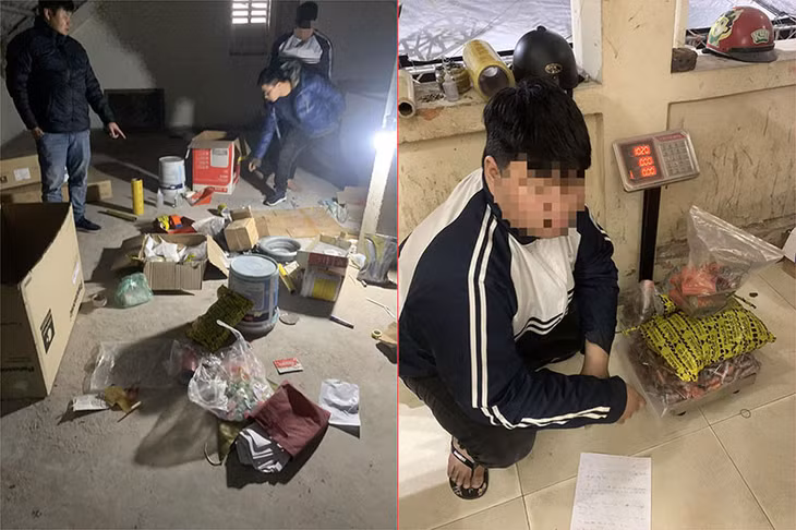 Hình ảnh tang vật liên quan và nam sinh N.Đ.H tại thời điểm bị phát hiện, bắt giữ. Ảnh: Cơ quan Công an.