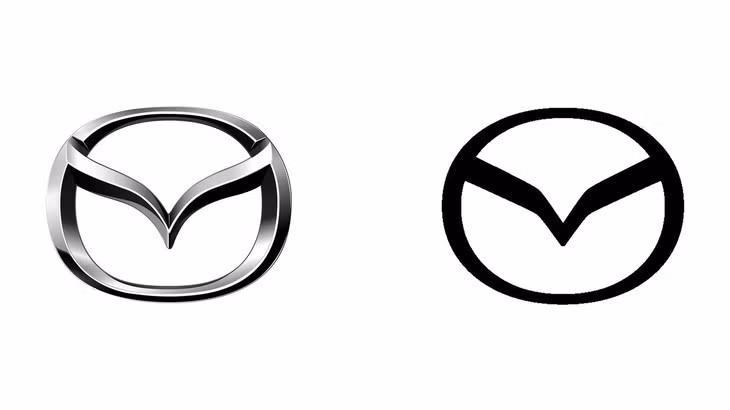 Logo mới của Mazda (phải) có thiết kế đơn giản hóa và loại bỏ hoàn toàn chiều sâu của logo 3D cũ - Ảnh: Mazda