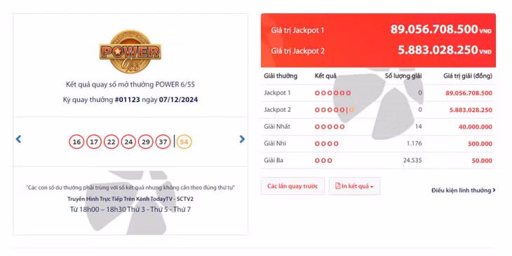 Kết quả quay số mở thưởng POWER 6/55 kỳ quay thưởng 01123 ngày 07/12/2024 ảnh 1