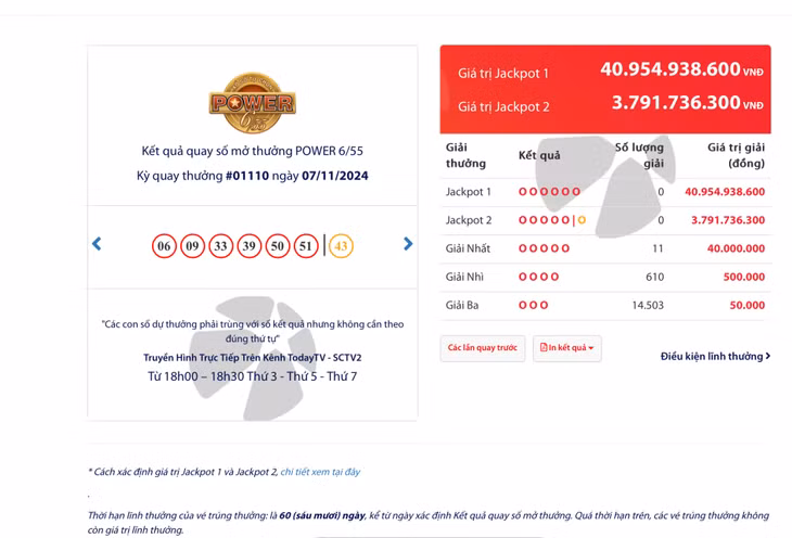 Kết quả quay số mở thưởng POWER 6/55 Kỳ quay thưởng #01110 ngày 07/11/2024 ảnh 1