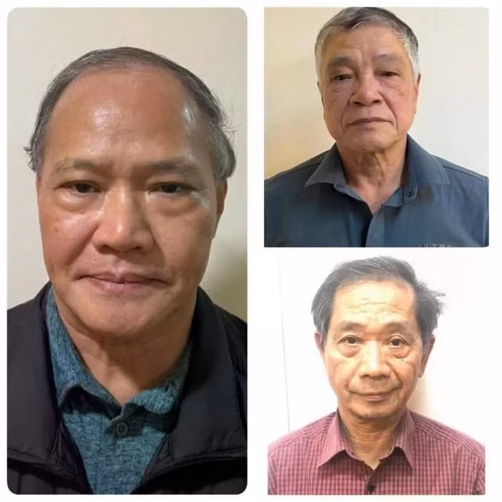 Bị can Hoàng Văn Thắng, nguyên Thứ trưởng Nông nghiệp và Phát triển nông thôn (trái) cùng 2 bị can Trần Tố Nghị và Trần Văn Lăng (áo đỏ). (Ảnh: TTXVN phát)
