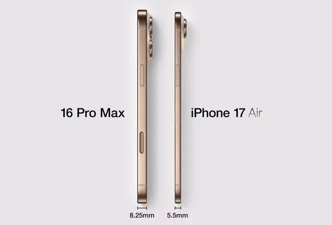 So độ mỏng của iPhone 17 Air và iPhone 16 Pro Max. Ảnh: Macrumors