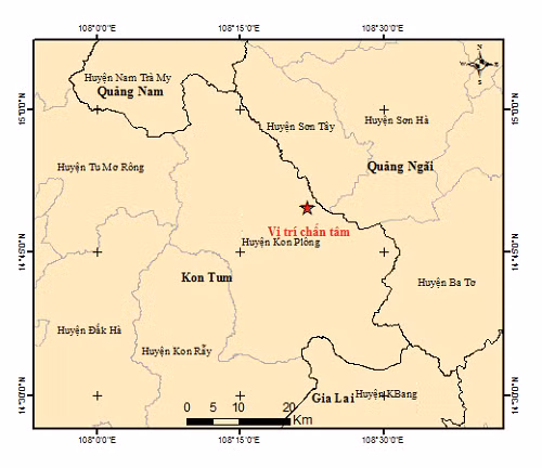 Tâm chấn (dấu sao) trận động đất sáng nay tại tỉnh Kon Tum.