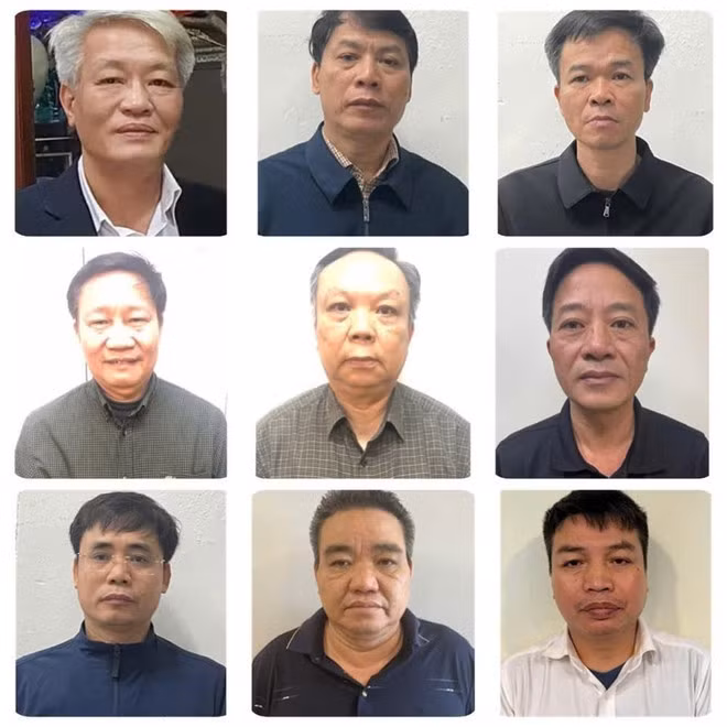 9 bị can bị khởi tố (từ trái qua phải, từ trên xuống dưới): Phạm Đông Phương, Tạ Văn Thuyết, Nguyễn Văn Thuật, Lê Văn Hiến, Mai Quang Vượng, Trần Văn Nhì, Nguyễn Đắc Điệp, Nguyễn Văn Dân, Vũ Đình Thịnh. (Ảnh: TTXVN phát)