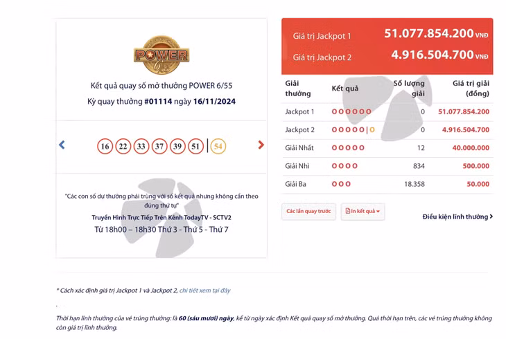 Kết quả quay số mở thưởng POWER 6/55 kỳ quay thưởng #01114 ngày 16/11/2024 ảnh 1