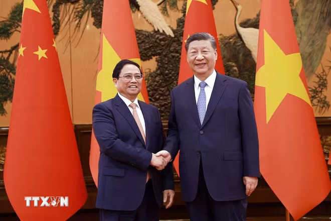 Thủ tướng Phạm Minh Chính hội kiến Tổng Bí thư, Chủ tịch Trung Quốc Tập Cận Bình chiều 26/6/2024. (Ảnh: Dương Giang/TTXVN)