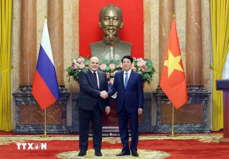 Chủ tịch nước Lương Cường tiếp Thủ tướng Liên bang Nga Mikhail Mishustin. (Ảnh: Phạm Kiên/TTXVN)
