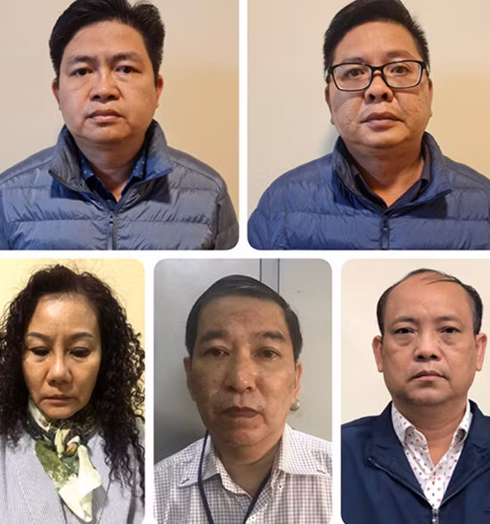 Nguyễn Vũ Bảo Hoàng (hàng trên, bên trái) và các bị can Nguyễn Ngọc Trường Chinh, Nguyễn Thị Bích Ngọc, Quan Minh Tuấn, Nguyễn Văn Lành. Ảnh: Bộ Công an