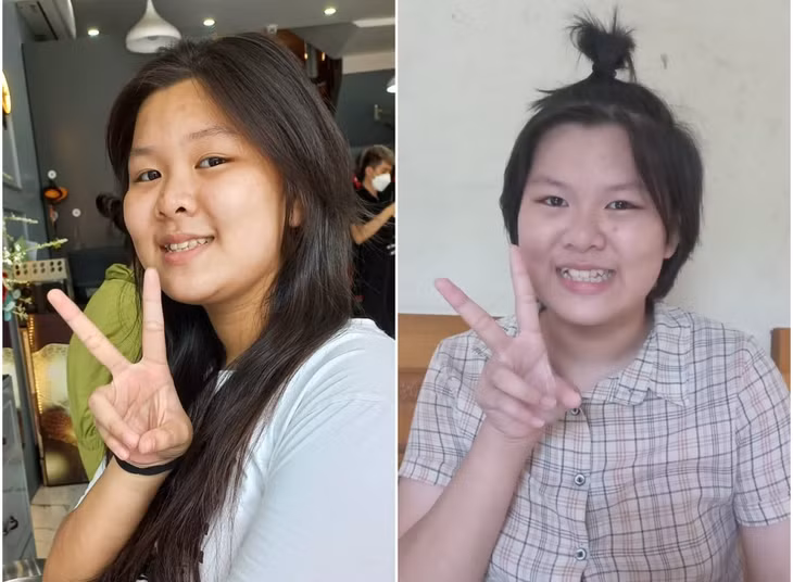 Nguyễn Đoàn Hải Tú trước và sau khi cắt đi mái tóc dài để hiến tặng cho các bệnh nhân ung thư.