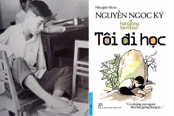 Nguyễn Ngọc Ký (thời trẻ) và cuốn tự truyện Tôi đi học. Ảnh: CAND / NXB Trẻ.