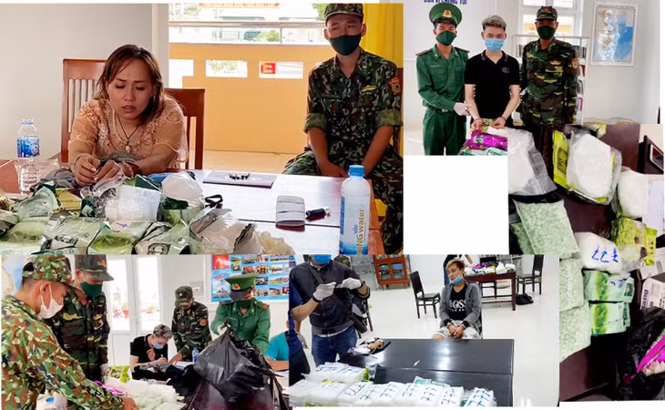 Các đối tượng và tang vật lúc bị bắt giữ.