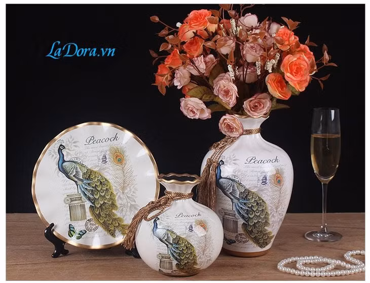Sét decor bình gốm sứ con chim công.