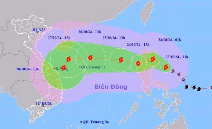 Dự báo hướng đi của bão Trà Mi tính đến chiều 23/10. Ảnh: NCHMF