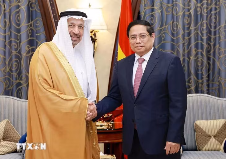 Thủ tướng Phạm Minh Chính tiếp Bộ trưởng Đầu tư Saudi Arabia Khalid Al-Falih. (Ảnh: Dương Giang/TTXVN)