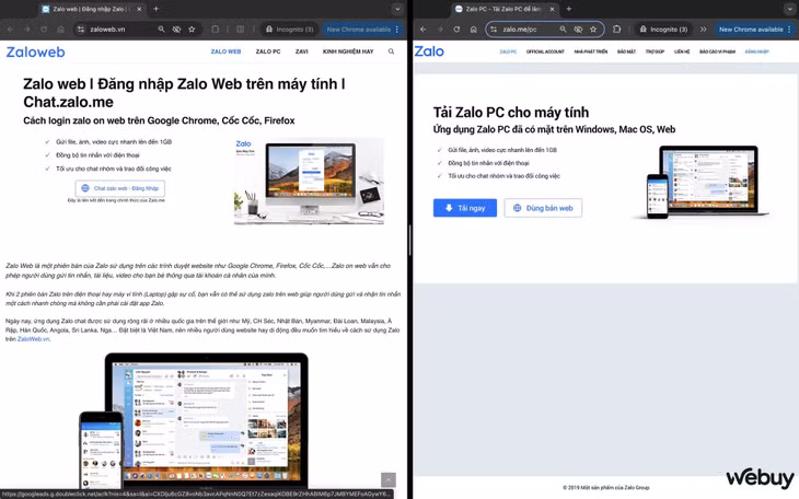 Trái: Website giả mạo có địa chỉ Zaloweb.vn | Phải: Website chính thức của Zalo.