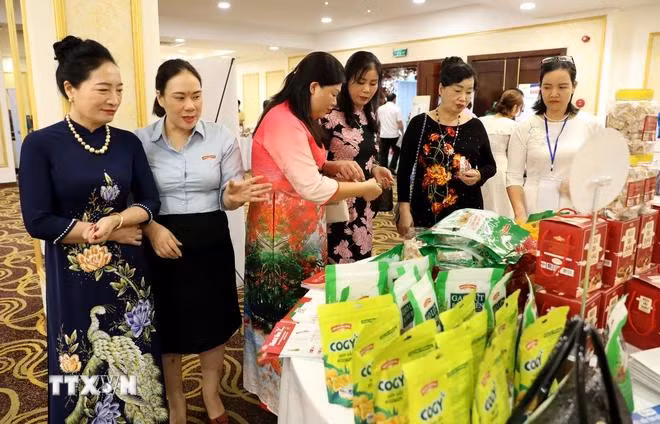 Các đại biểu tham quan các gian hàng giới thiệu sản phẩm khởi nghiệp của phụ nữ tỉnh Nam Định. (Ảnh: Nguyễn Lành/TTXVN)