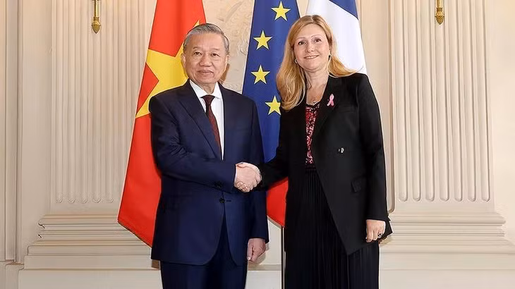Chủ tịch Quốc hội Pháp Yael Braun-Pivet hội kiến Tổng Bí thư, Chủ tịch nước Tô Lâm. (Ảnh TTXVN)