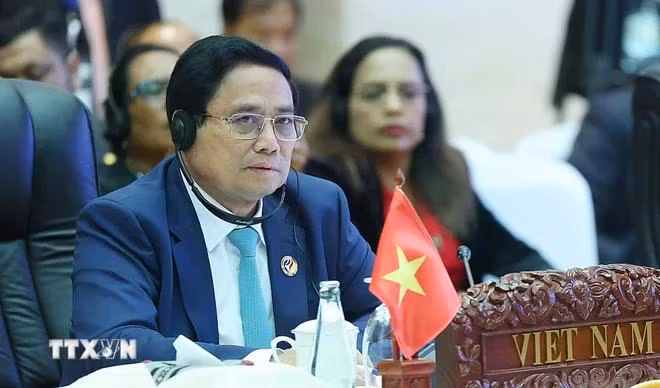 Thủ tướng Phạm Minh Chính phát biểu tại Hội nghị cấp cao đặc biệt ASEAN - Canada về Thúc đẩy Kết nối và Tự cường. (Ảnh: Dương Giang/TTXVN)