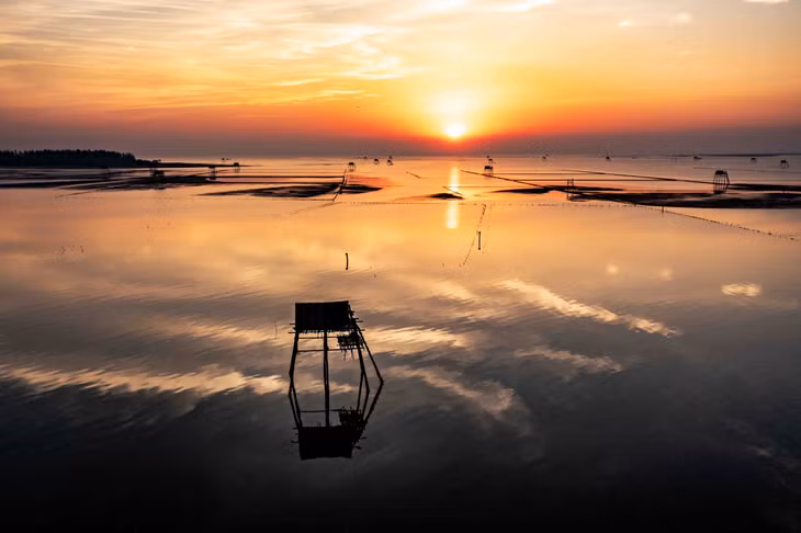 Với lượng phù sa lớn, biển Đồng Châu không phù hợp để tắm hay phát triển các hoạt động du lịch biển. Tuy nhiên, khung cảnh những cánh đồng nuôi ngao lại là điểm nhấn thú vị, thu hút du khách khám phá. Ảnh: Đoàn Ngọc Anh