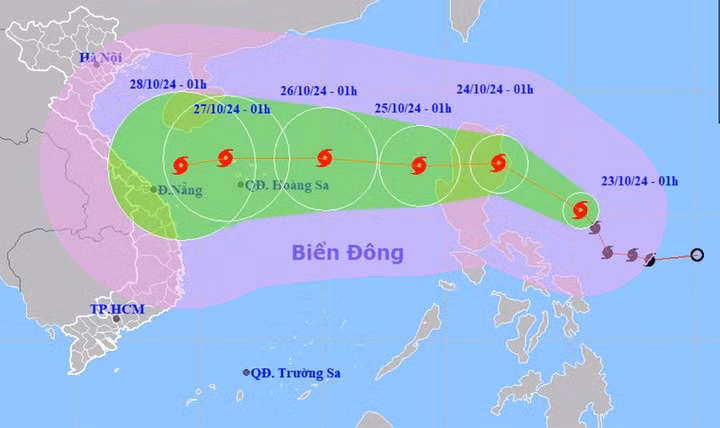 Dự báo đường đi và khu vực ảnh hưởng của bão Trami. (Nguồn: NCHMF)