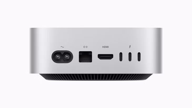 Thiết kế mặt sau với ba cổng Thunderbolt 4 (trên M4 Pro là Thunderbolt 5).