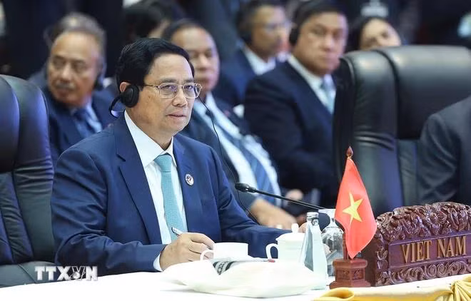 Thủ tướng Phạm Minh Chính phát biểu tại Hội nghị cấp cao ASEAN-Nhật Bản lần thứ 27. (Ảnh: Dương Giang/TTXVN)