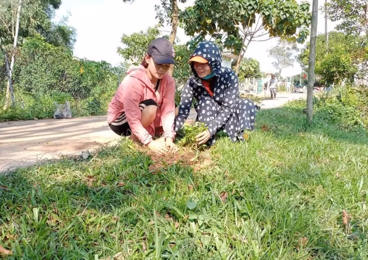 Chị Phùn Thị Na (bên trái) cùng các chị em trong bản làm con đường hoa tại thôn Tài Phố, xã Quảng Đức (huyện Hải Hà).