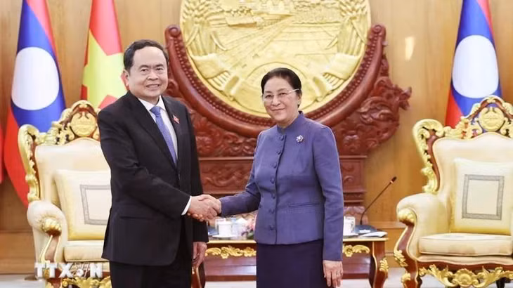 Chủ tịch Quốc hội Trần Thanh Mẫn gặp Phó Chủ tịch nước CHDCND Lào Pany Yathotou. (Ảnh: Thống Nhất/TTXVN)