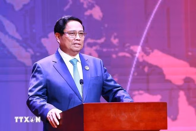 Thủ tướng Phạm Minh Chính phát biểu tại buổi gặp gỡ Hội đồng Tư vấn Kinh doanh ASEAN. (Ảnh: Dương Giang/TTXVN)